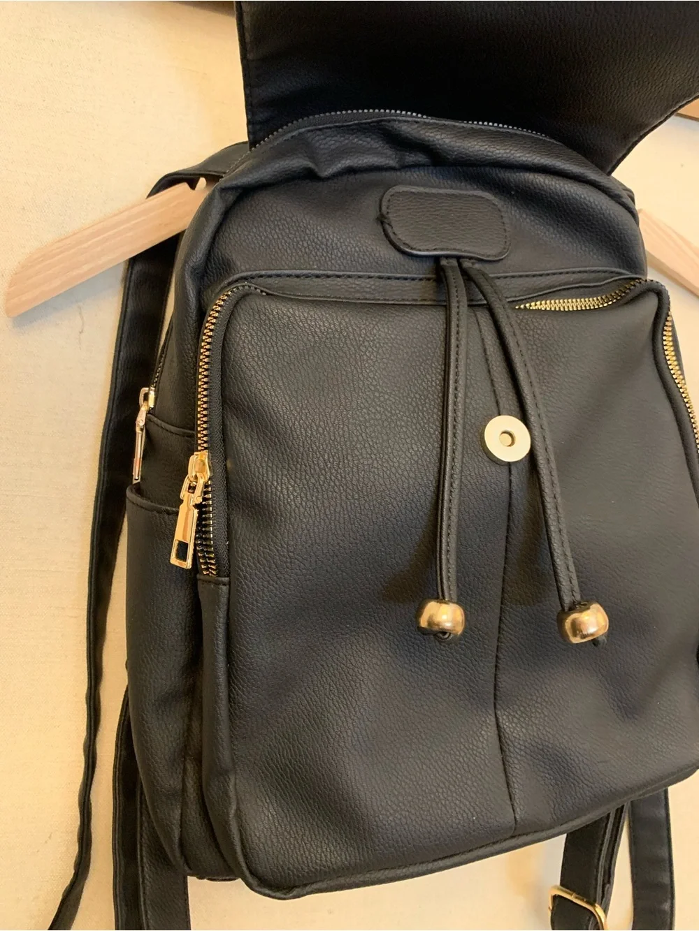 Women’s Black Leatherette Drawstring Backpack